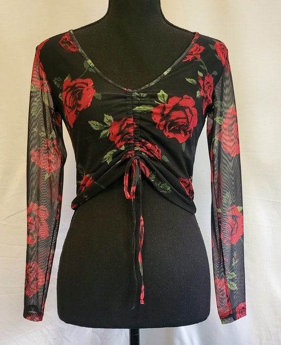 Vintage Y2K Mesh Rose Print Ruched Crop Top