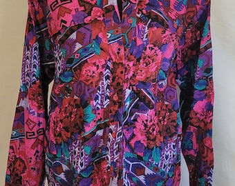 Vintage 90s Cowgirl Buttondown Neon Floral Tribal Small