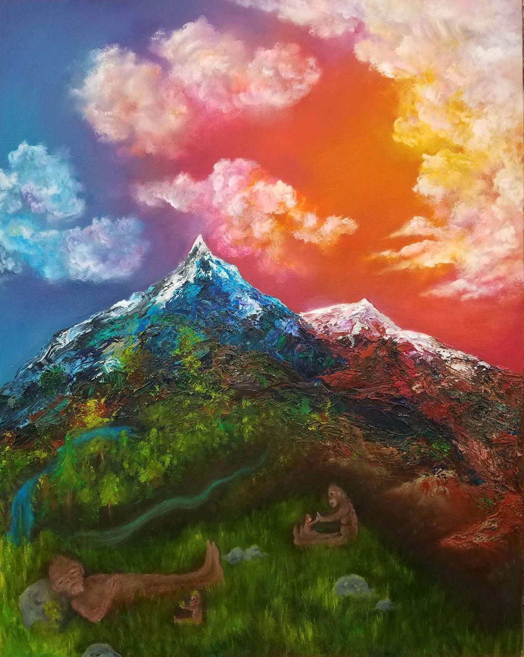 Sasquatch Fam 32×24 Inch Original Oil Painting Lanscape Bigfoot