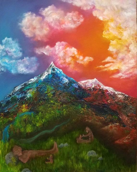 絵画 BIGFOOT Sasquatch Fam 32×24 Inch Original Oil Painting Lanscape Bigfoot