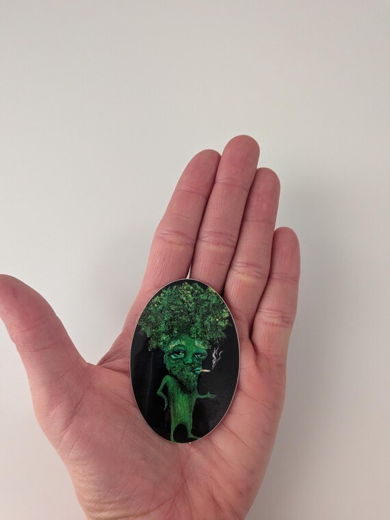 Smoking Broccoli Sticker Oil Painting Medium Size Oval Glossy Original Art 