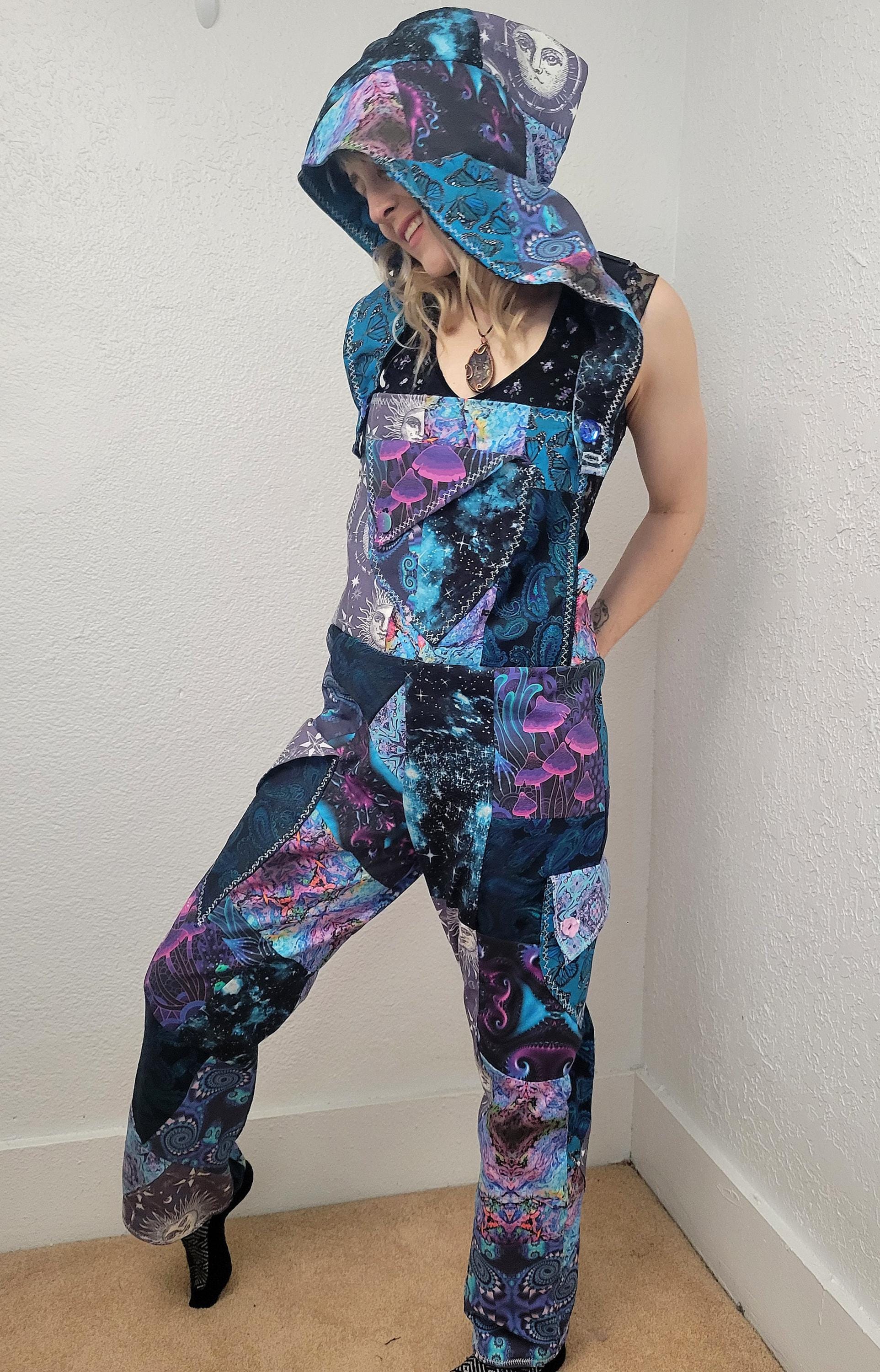 Celestial Blues Patchwork Overalls Size Women's Medium with Removable Hood Festival Outfit