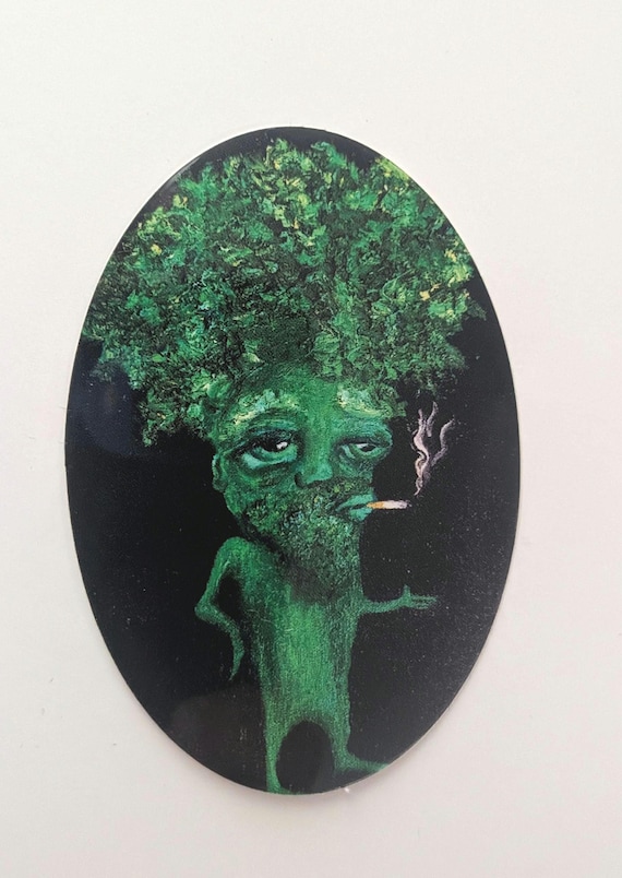 broccoli cigarette Smoking Broccoli Sticker Oil Painting Medium Size Oval Glossy Original Art