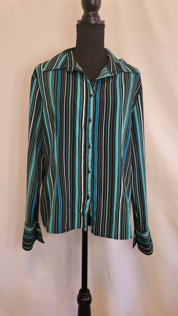 Vintage Blue and Black Striped Collared Blouse