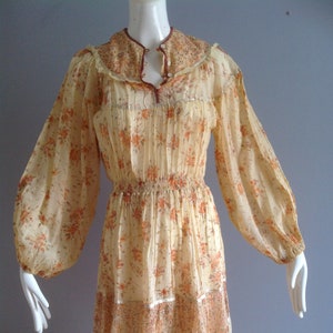 Vintage 70s Cotton Gauze Indian Dress ~ Made In India Deadstock Boho Hippie Billow Sleeve Floral Midi ~ Ethnic Indian Dress