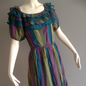 Vintage 70s Cotton Gauze Indian Dress ~ Made In India Deadstock Striped Ruffle Shoulder Summer Midi ~ Indian Boho Hippie Dress