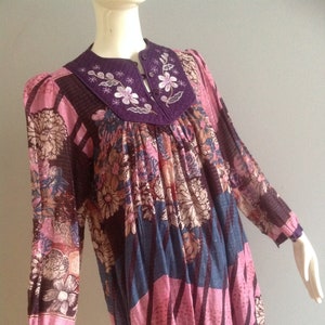 Vintage Indian Cotton Gauze Dress ~ Sheer Boho Hippie Lurex Thread Dress with Satin Floral Embroidered Bib