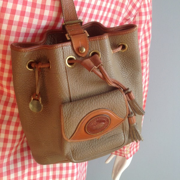 Vintage Dooney Bourke Sling Backpack ~ Pebbled Leather Taupe Drawstring knapsack ~ Crossbody Purse Bag AS IS
