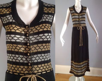 Vintage 70s Gold & Silver Metallic Lurex Knit Sweater Dress ~ Honeycomb Sleeveless Maxi