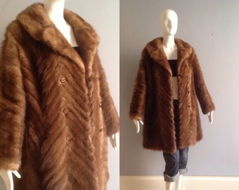 Vintage  Brown Mink Fur Coat ~ Chevron Stripe Winter Stroller ~ 3/4 Length Boho Hippie Jacket