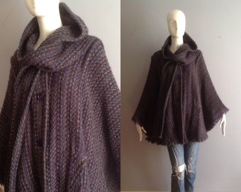 Vintage Irish Wool Knit Fringe Cape Poncho ~ Helena Ruuth Hand Loomed Attached Scarf Blanket Shawl