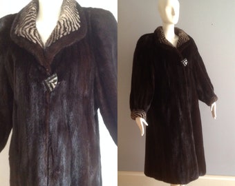 Vintage 80s Mink Fur Coat ~ Mahogany Brown Shiny Avant Garde Winter Coat ~ Long Warm Designer Lush Stroller ~ Zebra Stripe Collar Cuff Trim