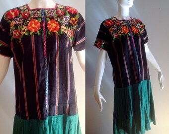 Vintage Ethnic Guatemalan Zunil huipil Hippie Dress ~ Boho Hand Embroidered Floral Cotton Drop Waist Flared Skirt