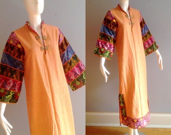 Vintage Boho Hippie Cotton Ethnic Caftan ~ Batik Print Orange Bohemian Dress ~ Made in Thailand Maxi