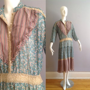 80s Sheer Boho Hippie Dress ~ Vintage Floral Georgette Striped Whimsical Maximalist Bohemian Secretary Midi