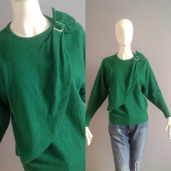 Guy Laroche Tricots 80s Sweater ~ Green Sequin Jeweled Dolman Sleeve Knit Top ~ Designer Bib Front Wool Sweater