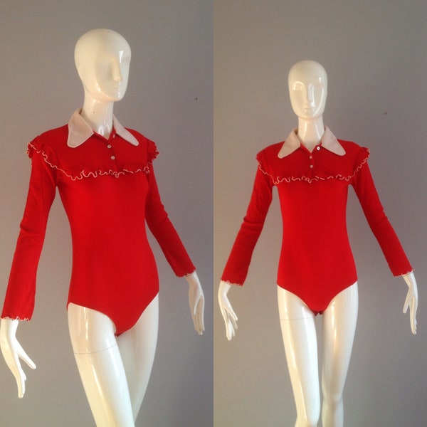 Vintage 70s Red Ruffle Bodysuit ~ Bonmark Japan Petal Collar Tight Stretch Top