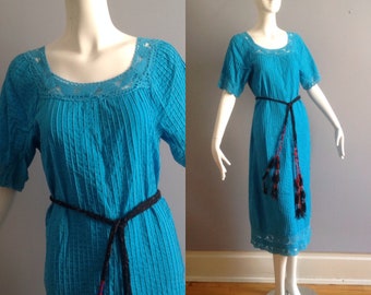 Vintage 70s  Boho Hippie Ethnic Turquoise  Mexico Dress ~ Mexican Cotton Crochet Trim Maxi  ~ Pin Tucked Pleated Summer  Caftan