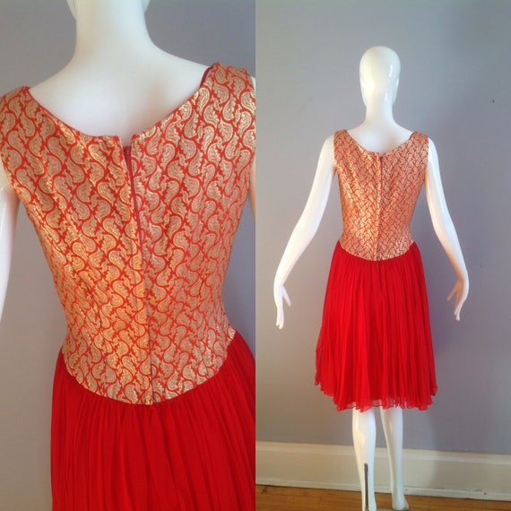 Vintage 60s Brocade Silk Dress ~ Red & Gold Metal… - image 8