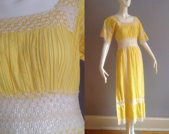 Cotton Lace Crochet Mexican Dress ~ Vintage 70s Boho Hippie Yellow Wedding Maxi