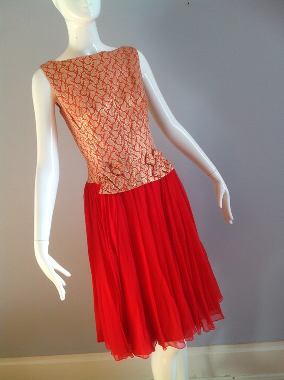 Vintage 60s Brocade Silk Dress ~ Red & Gold Metal… - image 6