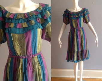 Vintage 70s Cotton Gauze Indian Dress ~ Made In India Deadstock Striped Ruffle Shoulder Summer Midi ~ Indian Boho Hippie Dress