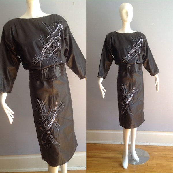 Black Leather Sequin Beaded Dress ~ Vintage 80s Oversize Draped Midi by Zimble