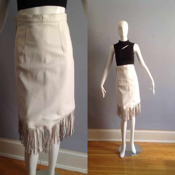 Vintage 1980s High Waisted White Leather Skirt Wi… - image 1