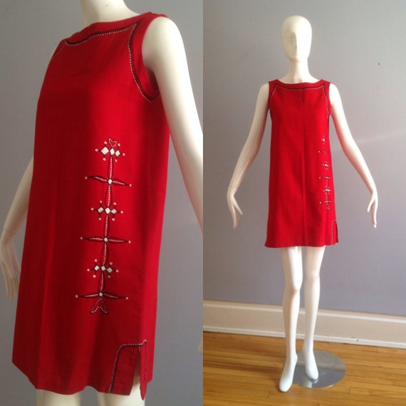 Vintage Retro Cotton Red Dress ~ Hand Embroidered 