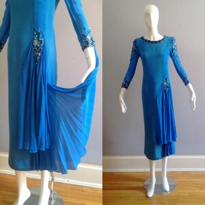 Vintage 20s 30s Blue Silk & Sequin Formal Dress ~ Beaded Flapper Era Gown With Sheer Silk Draping on Skirt