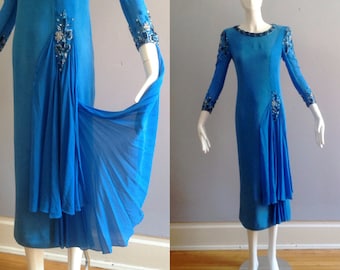 Vintage 20s 30s Blue Silk & Sequin Formal Dress ~ Beaded Flapper Era Gown With Sheer Silk Draping on Skirt