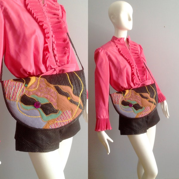 Guy Laroche Raffia Patchwork Purse ~ Leather Embroidered Designer 80s Clutch ~ Vintage Summer Sequin Shoulder Bag