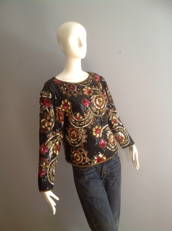 Vintage 80s Silk Sequined Shirt ~ Beaded Deco Eve… - image 4