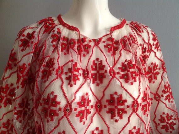 Romanian Hungarian Embroidered Lace Tunic ~ Vinta… - image 5