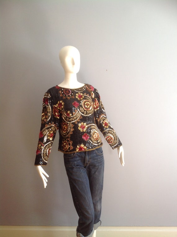 Vintage 80s Silk Sequined Shirt ~ Beaded Deco Eve… - image 5