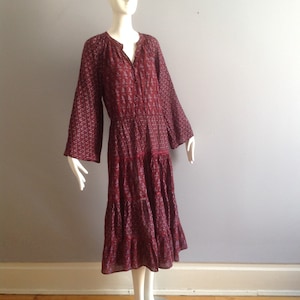 Vintage Indian Cotton Gauze Dress ~ Sheer Boho Hippie Tiered Maxi ~ Floral Hand Blocked Billow Sleeve Dress