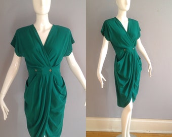 Vintage Green Silk Secretary Dress ~  80s Wrap Style Pouch Pocket Dress