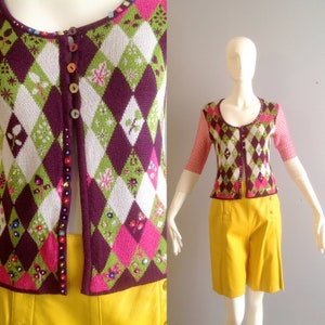 Vintage Christian Lacroix Bazaar Cute Multi Knit Cardigan - Button Front Sequin Sweater - Argyle Design Whimsical Top