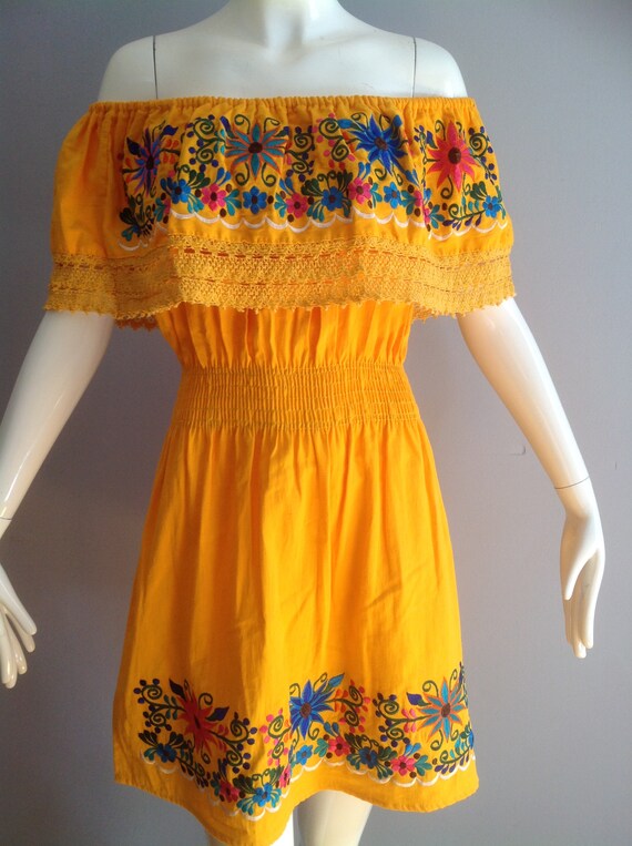 Vintage Cotton Mexican Embroidered Dress ~ Off Sh… - image 6