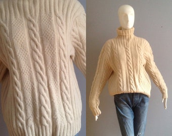 Ralph Lauren Wool Turtleneck Sweater ~ Vintage Hand Knit Polo Cable Fishermans Sweater