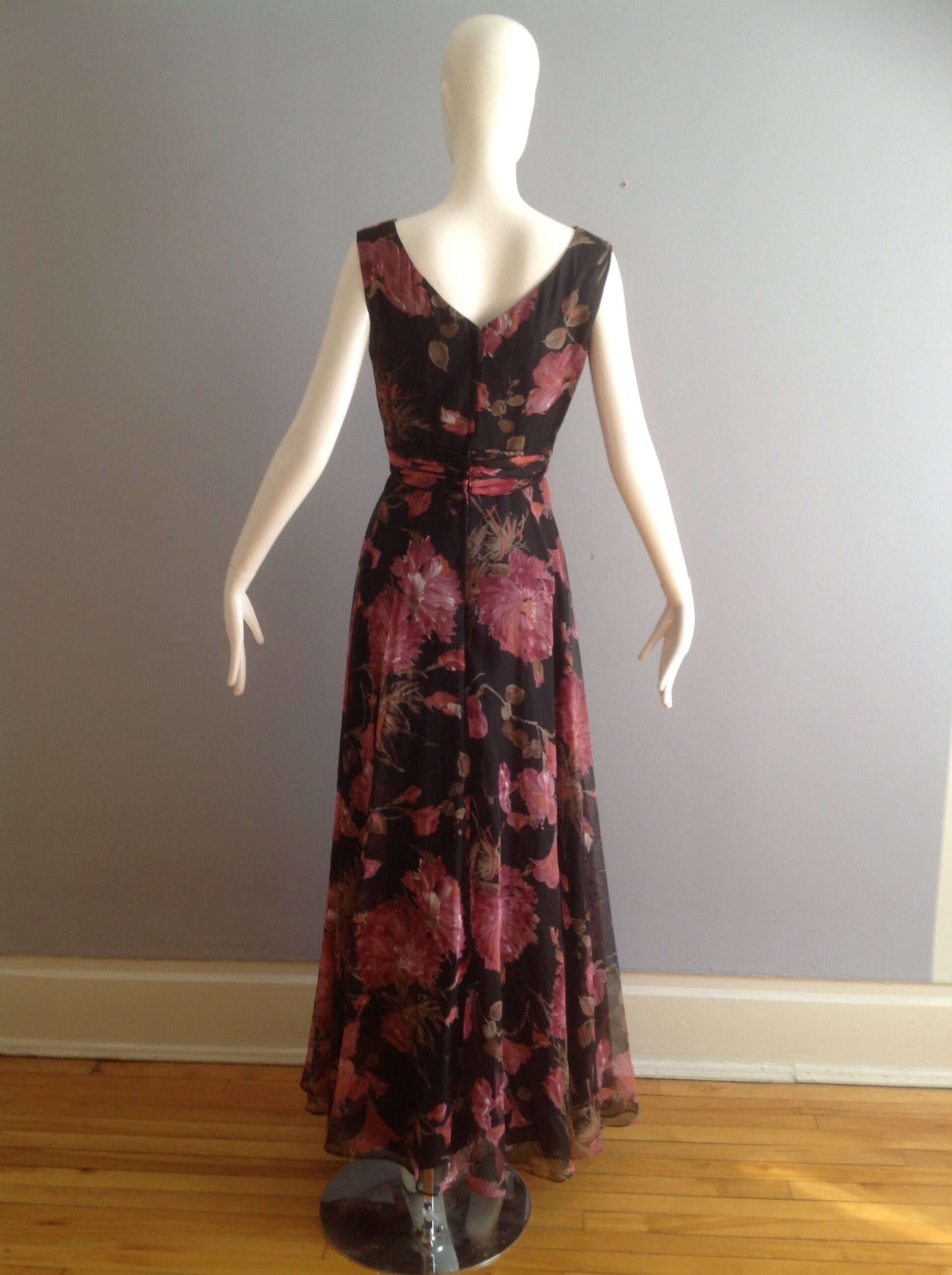 Vintage 70s Chiffon Maxi Dress Sheer Peony Floral Gown Boho Hippie ...