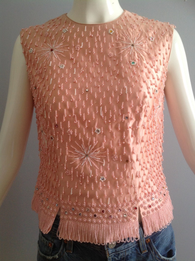 Vintage 1950s Raw Silk /& Sequin Sleeveless Tank ~ Made in Hong Kong Beaded Formal Shell Shirt ~ Retro Crop Top