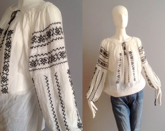 Vintage Ethnic Cotton Embroidered Blouse ~ Handmade Sheer Gauze Romanian Tunic Top ~ Billow Blouse