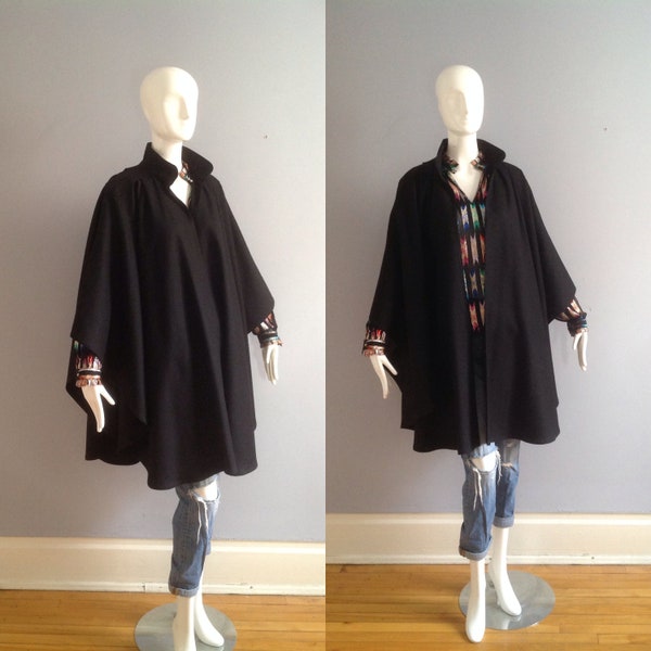 Vintage Black Wool Cape ~ Minimalist Fall Wrap Shawl ~ Open Drape Duster