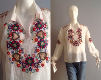Vintage Romanian Hungarian Embroidered Blouse ~Hand Made Floral Crochet Cotton Top ~ Boho Hippie Hobo Peasant Shirt ~ Bohemian Tunic Blouse