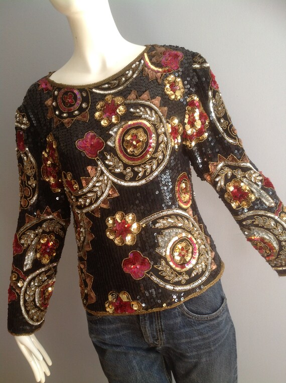 Vintage 80s Silk Sequined Shirt ~ Beaded Deco Eve… - image 3
