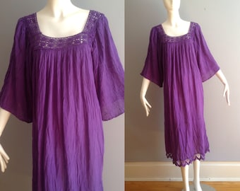 Vintage 1970s Cotton Gauze Mexican Dress ~ Purple Crochet Lace Ethnic Caftan ~ Sheer Boho Hippie Bell Sleeve Maxi