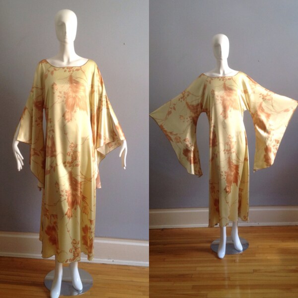 Vintage 70s Silk Floral Print Caftan With Giant Angel Sleeves ~ Bohemian Goddess Kimono Maxi ~ Hostess Lounge Dress ~