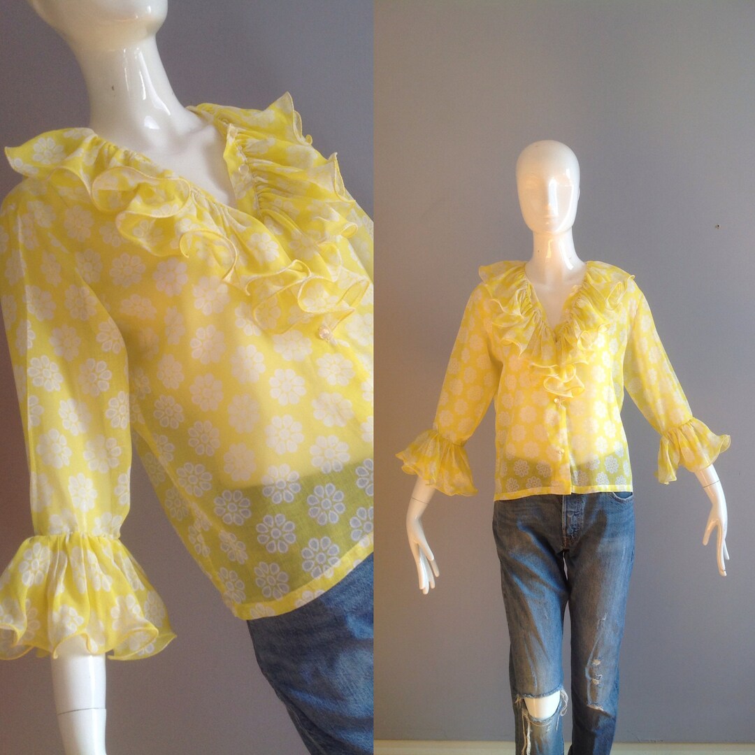 Vintage Sheer Ruffle Bohemian Blouse 70s Boho Hippie Yellow Floral Top ...