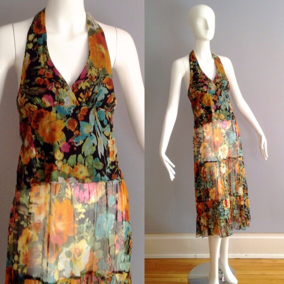 Vintage 80s Sheer Floral Silk Halter Dress ~ Ethni
